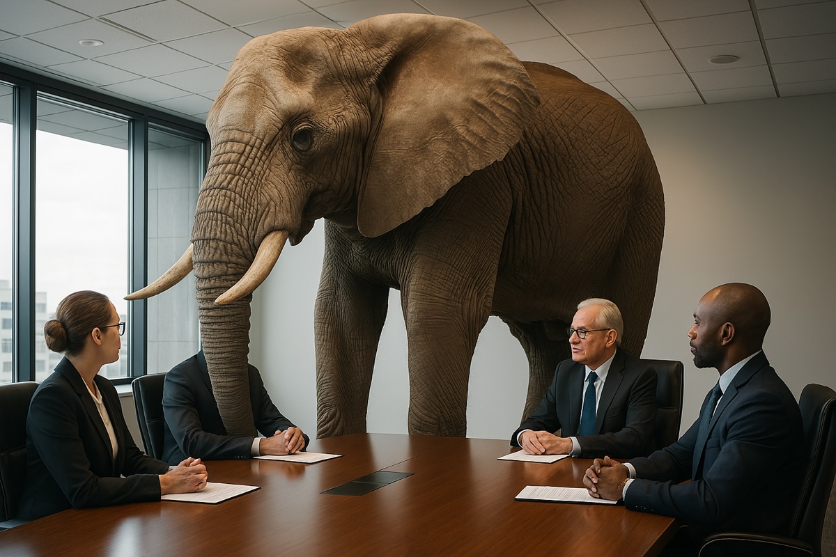 The elephant in the room’s been here so long it knows everyones coffee order, rolls its eyes during meetings, and quietly judges us for pretending it is not there. At this point, it is basically part of the team—just waiting for someone to finally say, ‘Hey, should we talk about the massive grey thing crushing morale on the table
