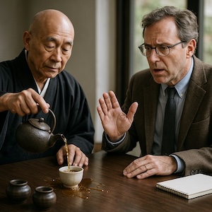 An elderly Zen master, dressed in traditional black robes, calmly pours tea from a rustic teapot into a small white cup on a wooden table. The cup overflows, with tea spilling onto the table. Seated beside him, a middle-aged university professor in a suit and glasses raises his hand in alarm, his face showing surprise and concern. The scene is set in a quiet, naturally lit room with a notepad on the table, highlighting the contrast between the master’s serenity and the professor’s agitation.